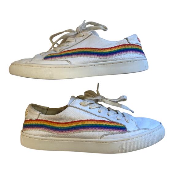 Soludos x Lockhart Embroidery Good Vibes White Leather Rainbow Hippie Shoes Sz 8 - Picture 9 of 16